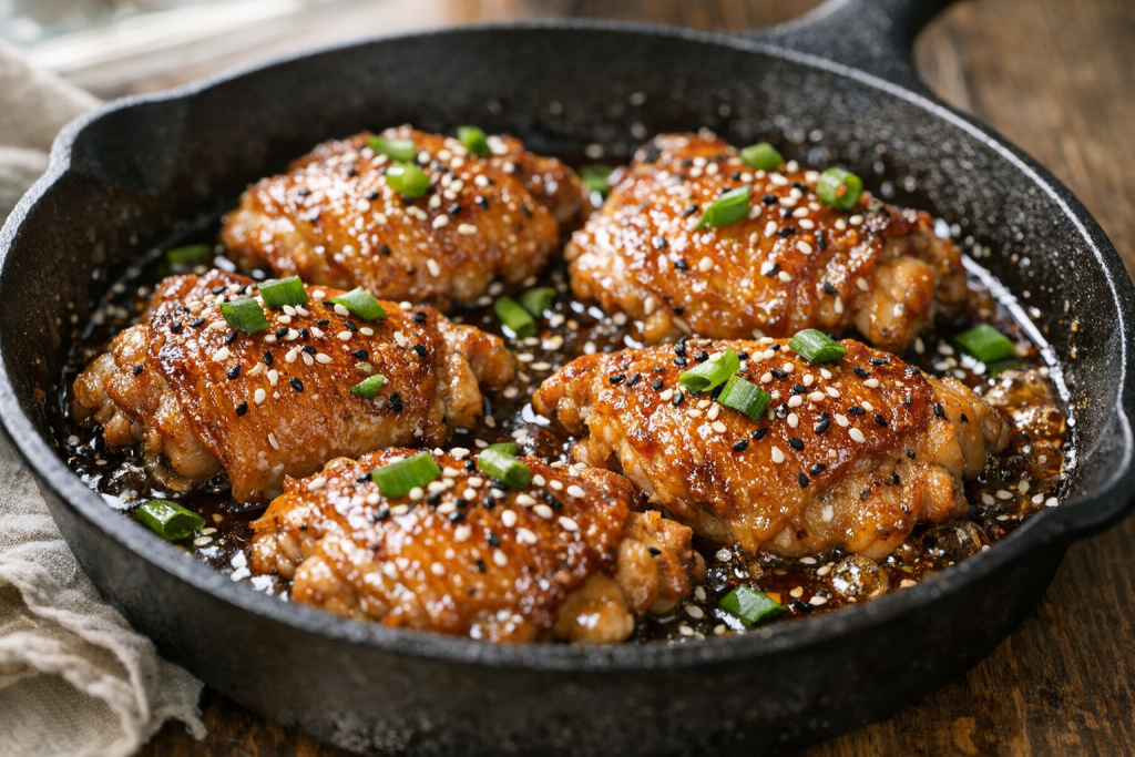 one pan honey garlic chicken thighs cooked in a skillet