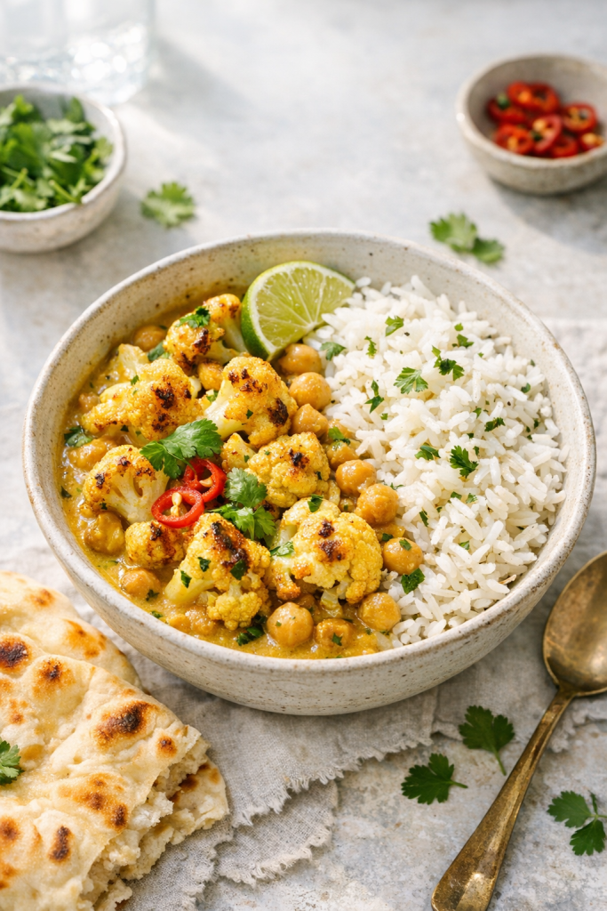 Photorealistic vertical 2:3 image of a plated bowl of roasted cauliflower and chickpea coconut curry with rice and naan partially in frame, bright natural window light, styled for Pinterest, US food photography, no text, no logo, no watermark