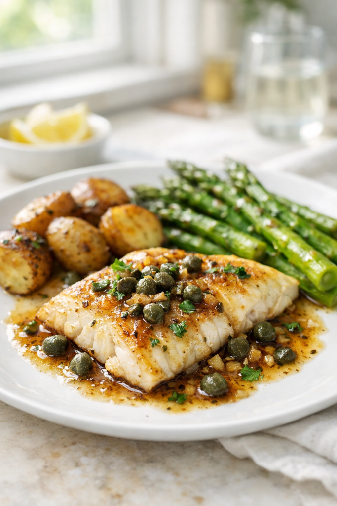 Photorealistic vertical 2:3 shot (Pinterest style) of plated pan-seared haddock with brown butter and capers, side of asparagus and roasted potatoes slightly blurred, bright natural window light, airy kitchen background, realistic appetizing food photography, no text, no watermark