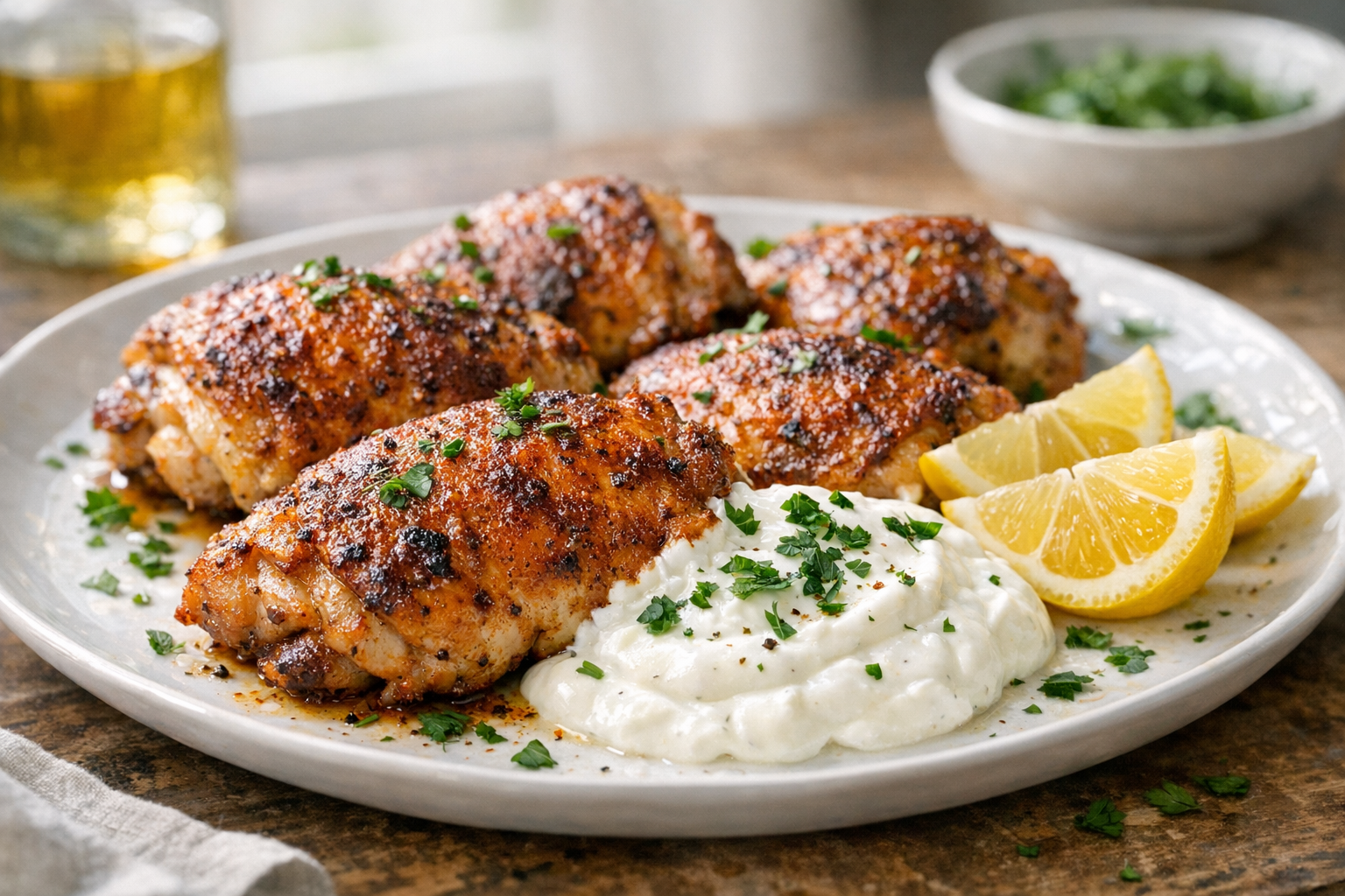 Paprika Roasted Chicken Thighs with Garlic Yogurt