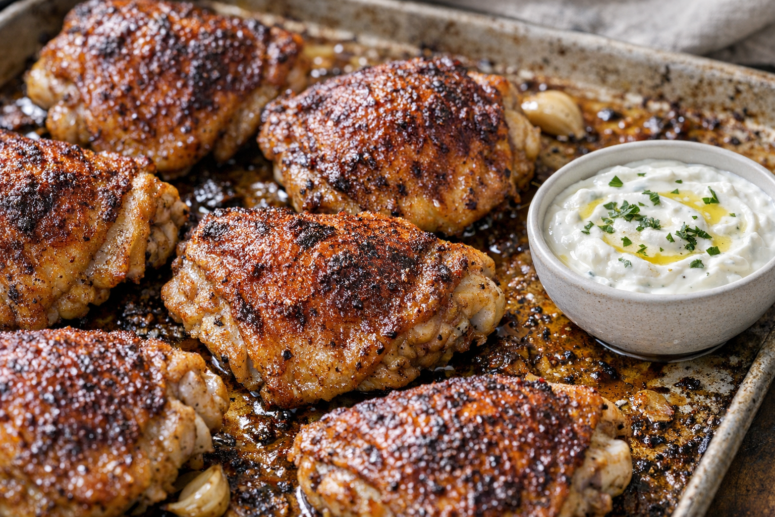 Paprika Roasted Chicken Thighs with Garlic Yogurt