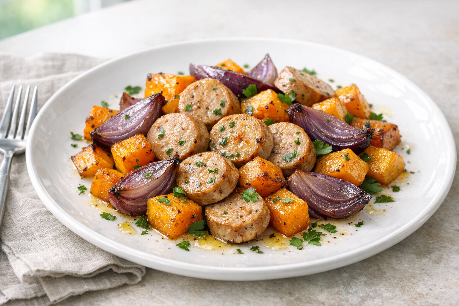 One-Pan Chicken Sausage with Roasted Squash & Onions
