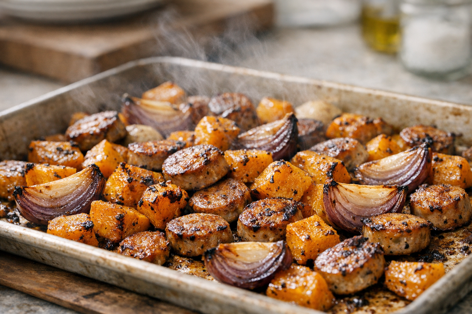 One-Pan Chicken Sausage with Roasted Squash & Onions