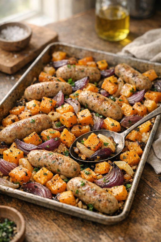 Photorealistic vertical 2:3 image of the one-pan chicken sausage with roasted squash and onions served family-style on the sheet pan with a serving spoon, bright natural window light, warm tones, rustic minimal props, shallow depth of field, US food photography, no text, no logo, no watermark