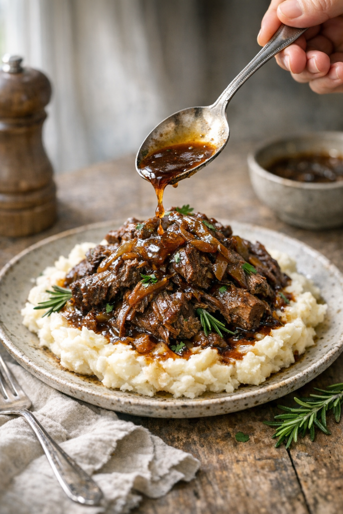 Photorealistic vertical 2:3 image of slow cooker beef with balsamic onions and herbs plated on mashed potatoes with a spoon drizzling sauce, linen napkin and simple rustic table setting, natural window light, US food photography, realistic and appetizing, no text, no logo, no watermark, 2200px height