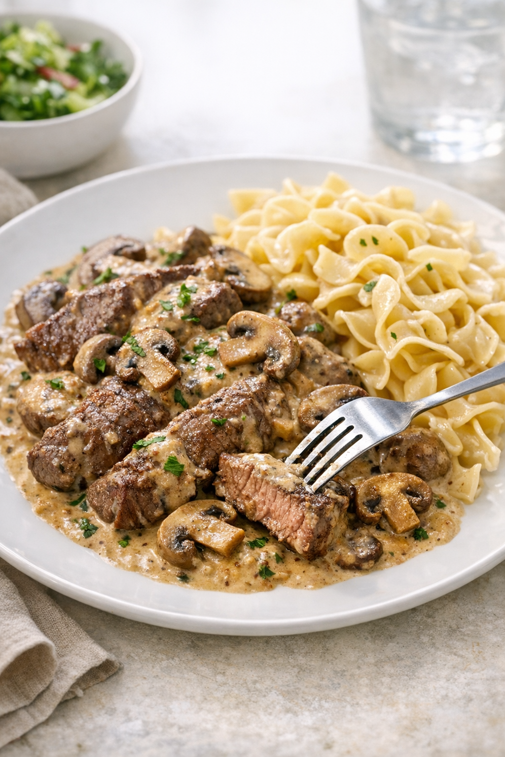 Photorealistic vertical 2:3 image of plated skillet beef and mushrooms in Dijon cream sauce with a fork cutting into a tender piece, side of egg noodles, soft natural window light, clean background, US food photography, realistic and appetizing, no text, no logo, no watermark