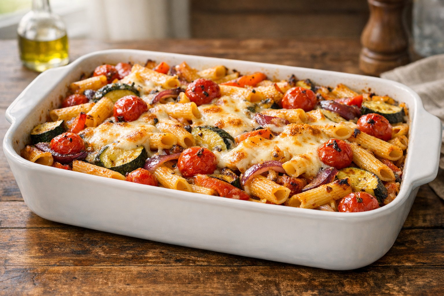 Baked Penne with Roasted Vegetables and Mozzarella