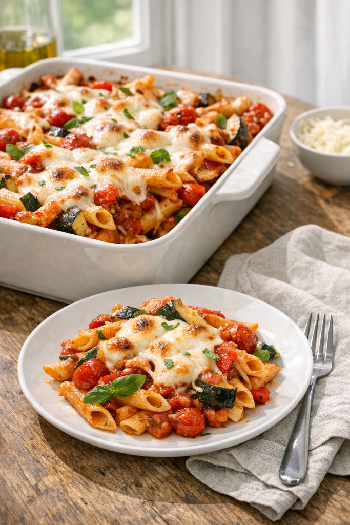 Photorealistic vertical 2:3 image of baked penne with roasted vegetables and mozzarella in a ceramic baking dish with a slice plated beside it, simple linen napkin and fork, bright natural window light, US food photography, realistic and appetizing, no text, no logo, no watermark, 2200px height