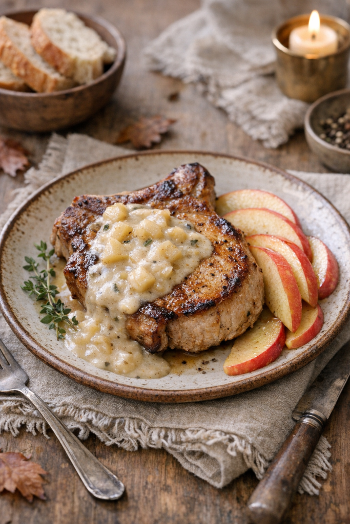 Photorealistic vertical 2:3 US food photography, natural light, plated pork chop with creamy apple sauce and apple slices on a rustic plate, cozy fall table setting with neutral linens, shallow depth of field, 2200px height, no text, no logo, no watermark