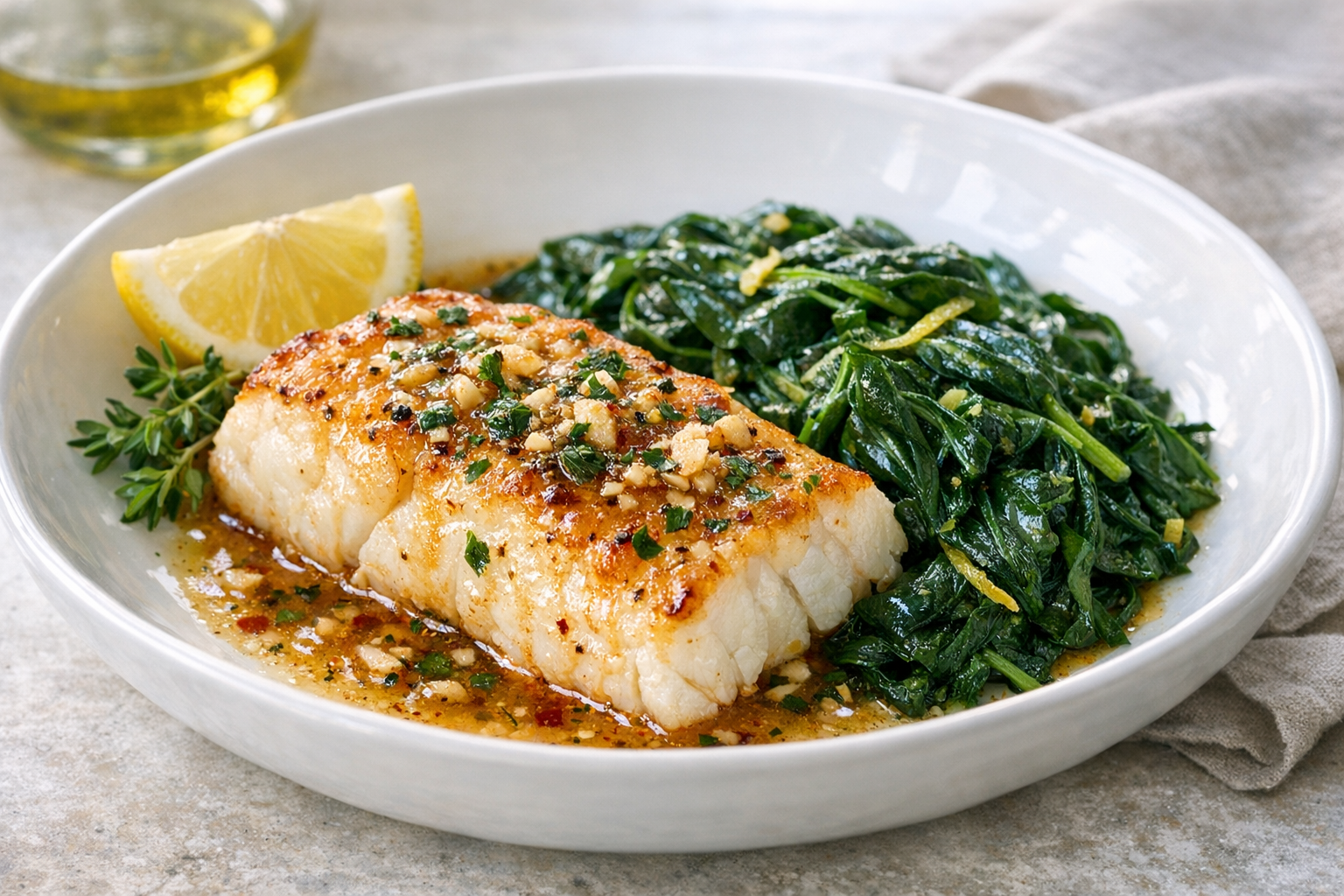 Garlic Butter Cod with Lemon Spinach (20 Minutes)
