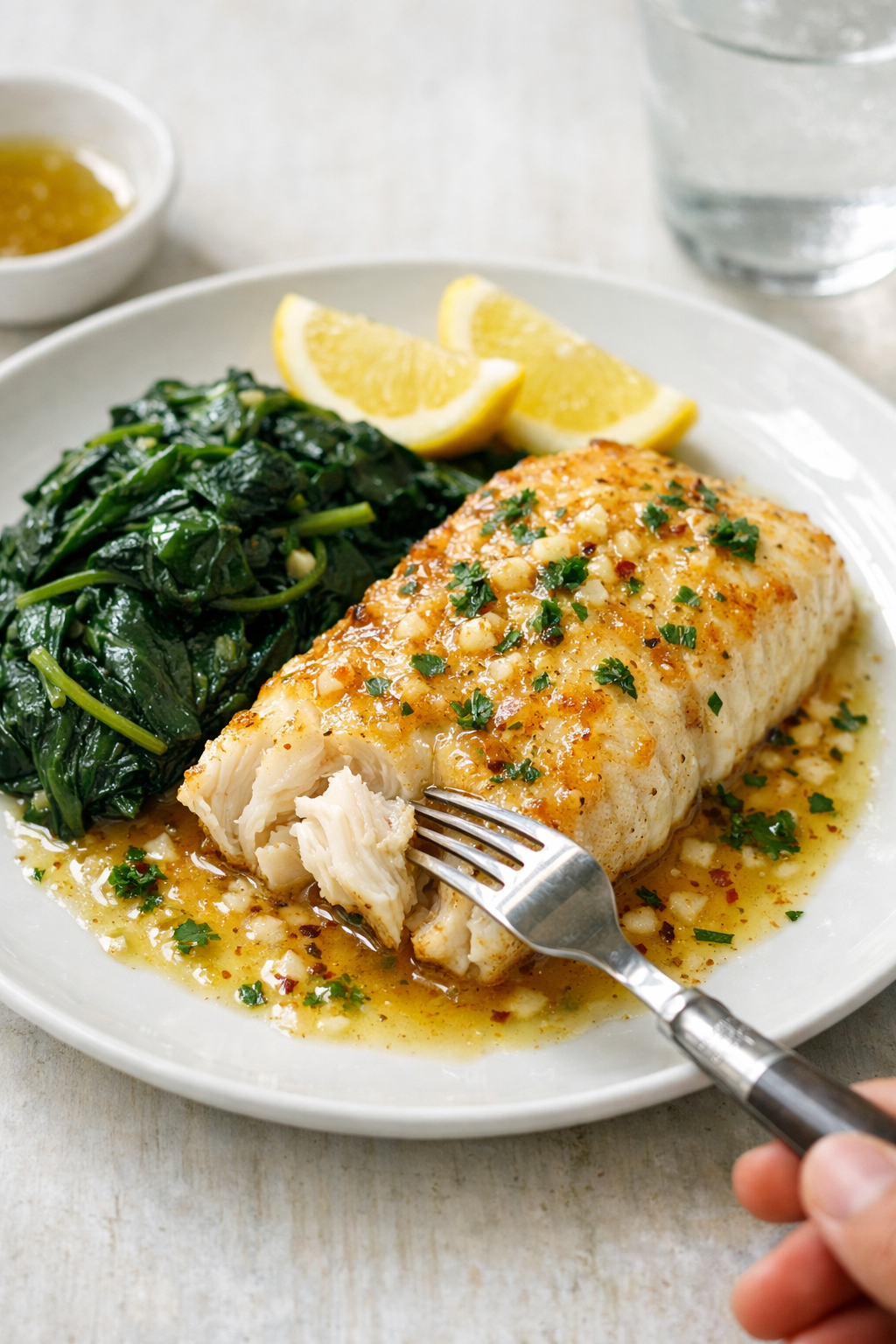 Photorealistic vertical 2:3 image of a plated garlic butter cod dinner with lemon spinach, fork cutting into flaky cod, sauce glistening, minimal props on a light kitchen table, natural window light, US food photography, realistic and appetizing, no text, no logo, no watermark