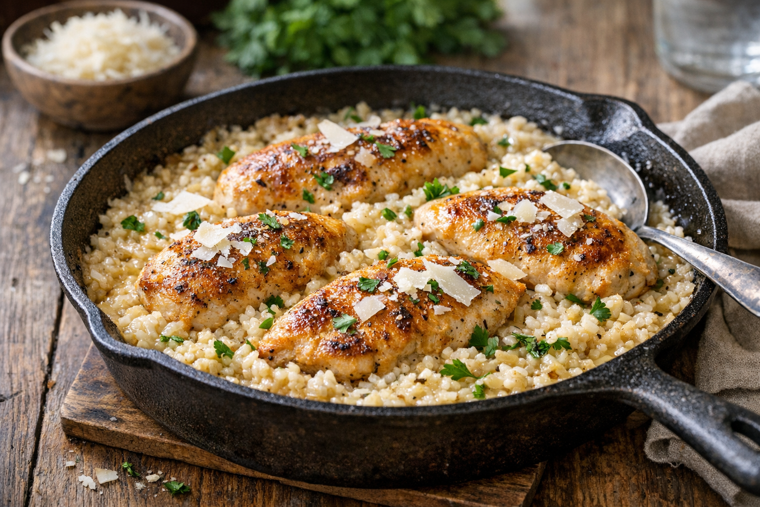 Creamy One-Skillet Chicken with Parmesan Rice