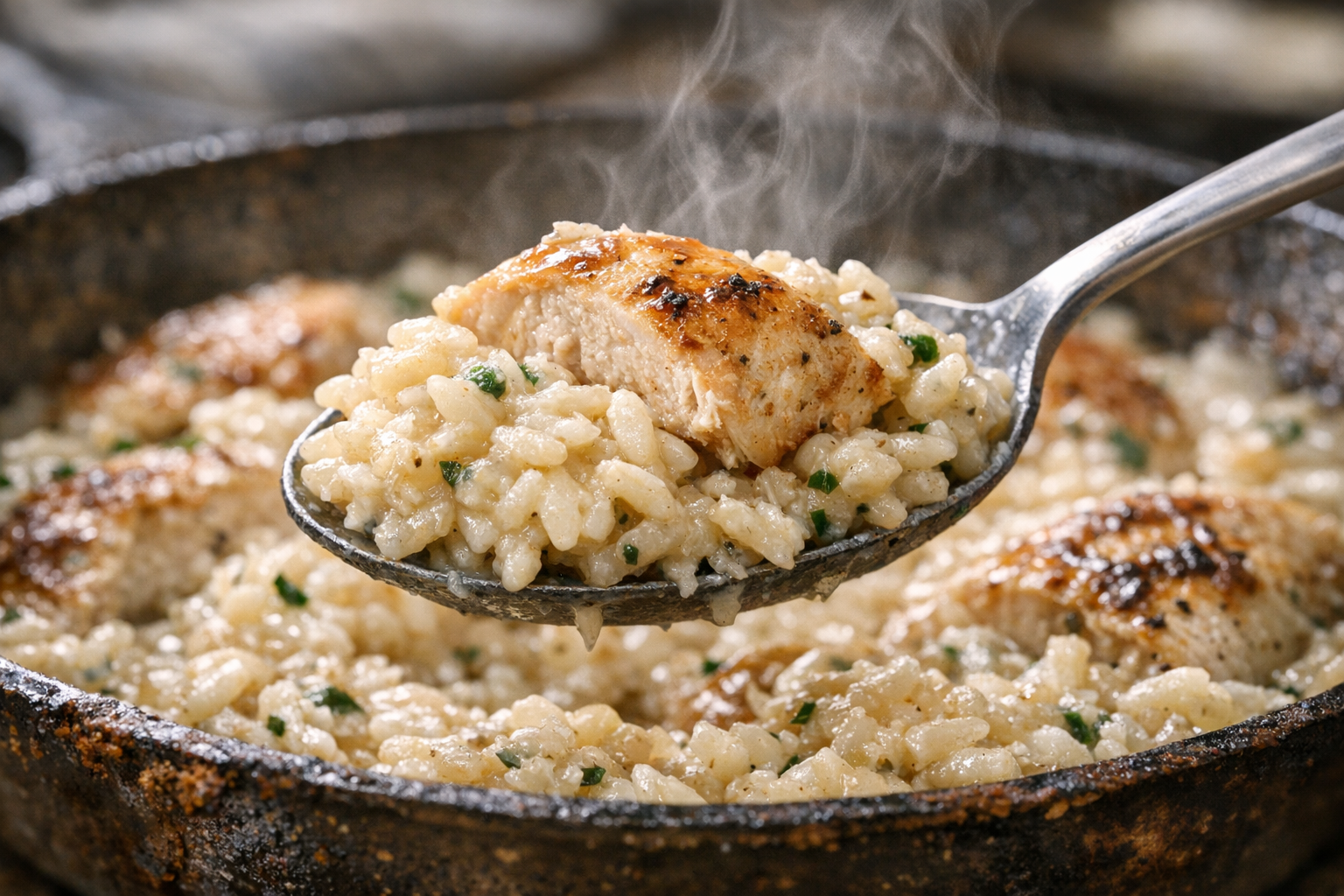 Creamy One-Skillet Chicken with Parmesan Rice