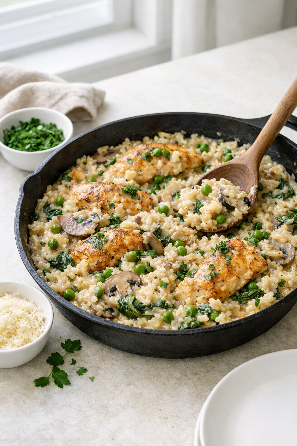 Photorealistic vertical 2:3 shot (Pinterest style) of the skillet dinner on a light countertop with a small bowl of grated parmesan and herbs nearby, creamy chicken and rice clearly visible, bright natural window light, clean styling, realistic US food photography, no text, no logo, no watermark