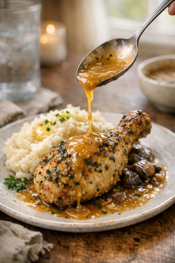 Photorealistic vertical 2:3 image of a plated herb-crusted chicken drumstick with pan gravy being spooned over, mashed potatoes in the background, cozy kitchen table setting, natural window light, shallow depth of field, US food photography, realistic and appetizing, no text, no logo, no watermark, 2200px height