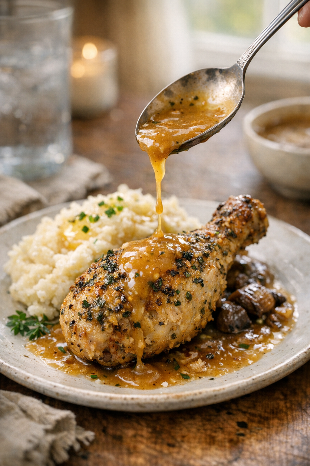 Herb-Crusted Chicken Drumsticks with Pan Gravy