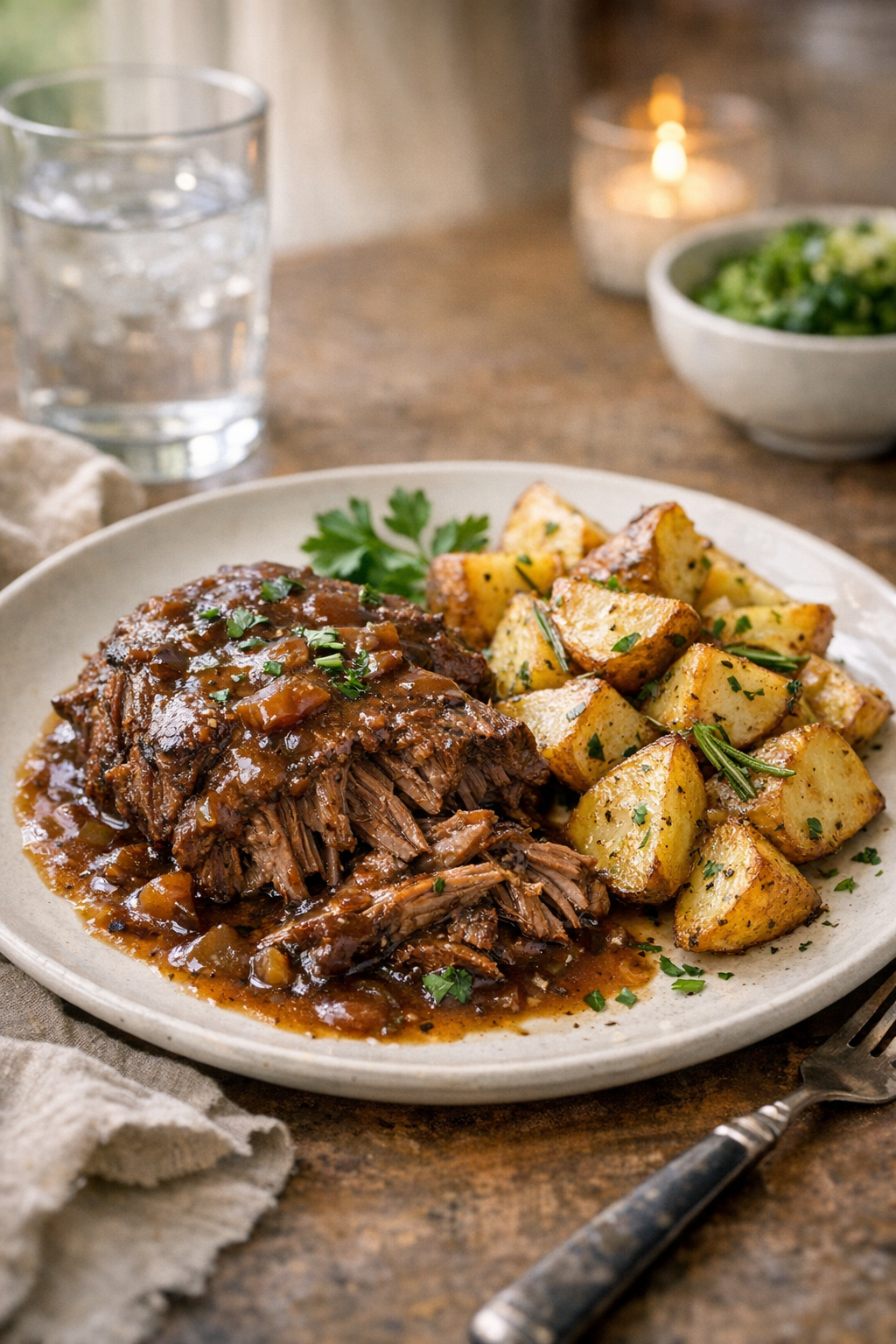 Photorealistic vertical 2:3 image of plated slow-braised beef with rosemary potatoes and gravy on a dinner plate with simple green garnish, cozy table setting, natural window light, US food photography, realistic appetizing, no text, no logo, no watermark, 2200px height