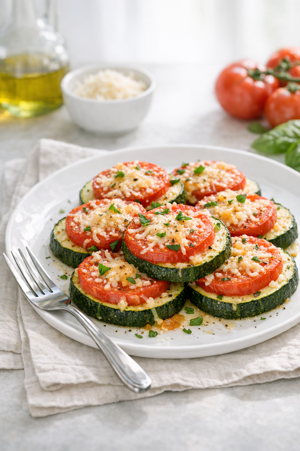 Photorealistic vertical 2:3 image of plated baked zucchini with tomato and Parmesan on a light linen napkin with a fork, bright natural window light, clean background with subtle props, US food photography, realistic appetizing, no text, no logo, no watermark, 2200px height