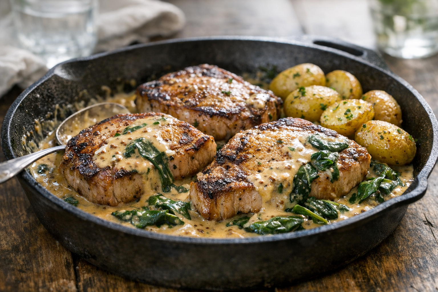 Skillet Pork with Mustard Cream and Spinach
