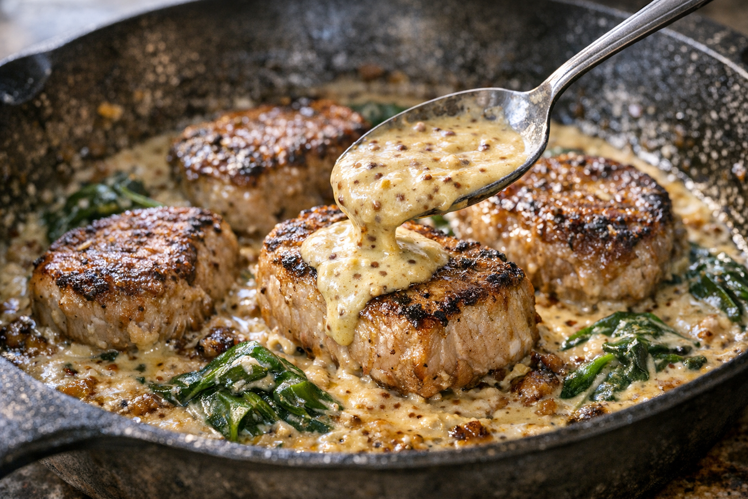 Skillet Pork with Mustard Cream and Spinach