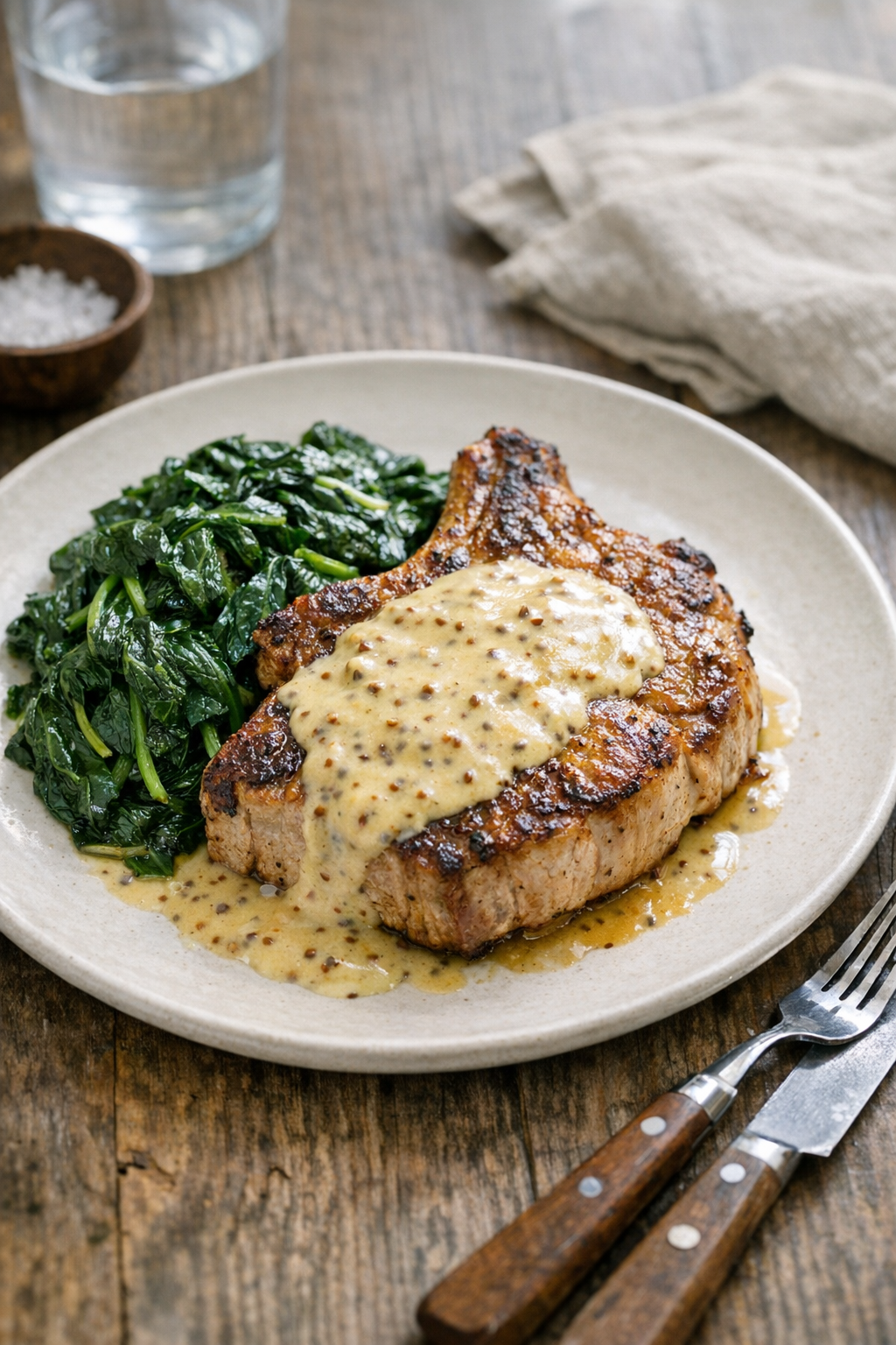 Photorealistic vertical 2:3 image of a plated pork chop topped with mustard cream sauce alongside wilted spinach, minimal rustic table setting, natural window light, crisp detail, US food photography, no text, no logo, no watermark