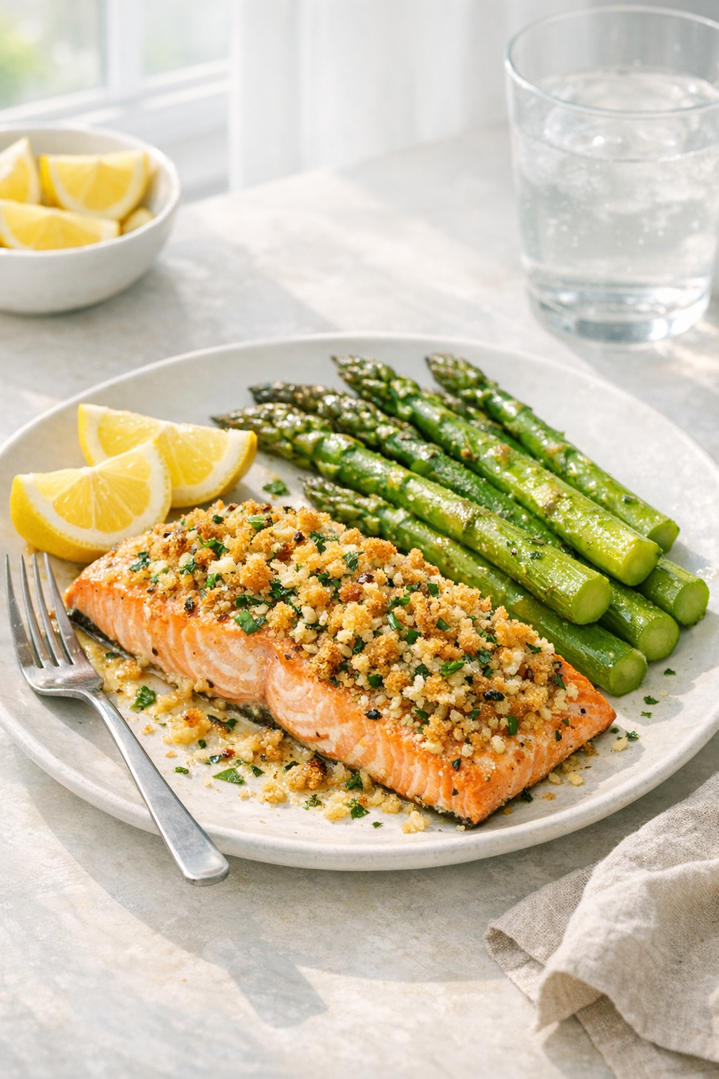Photorealistic vertical 2:3 shot of plated garlic-butter-crumb salmon with lemon wedges and a simple green side (asparagus or salad) on a light table, bright natural window light, clean US food photography styling, realistic and appetizing, no text, no logo, no watermark, 2200px height
