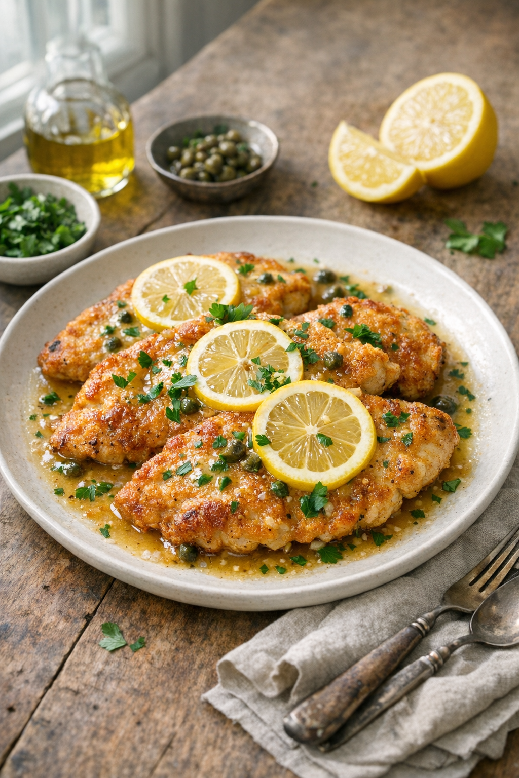 Photorealistic vertical 2:3 (approx 2200px height) plated crispy chicken cutlets with lemon pan sauce, lemon slices and parsley garnish, simple linen napkin and rustic table setting, bright natural window light, US food photography, no text, no logo, no watermark
