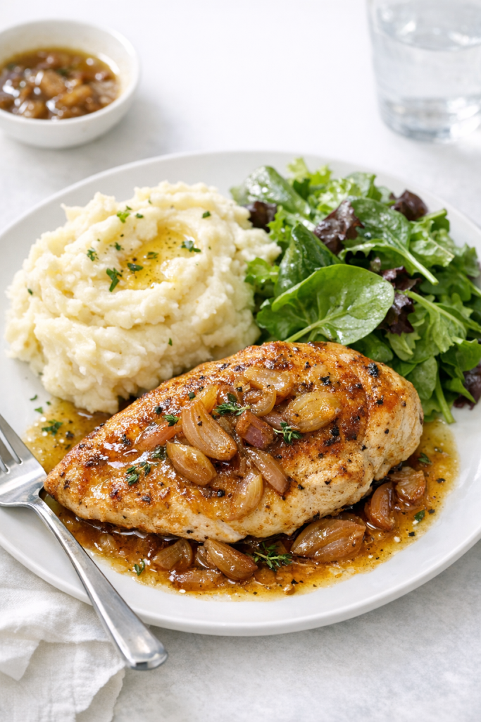 Photorealistic vertical 2:3 image of plated skillet chicken with caramelized shallots and pan sauce beside mashed potatoes and a simple green salad, bright natural light, clean background, US food photography, no text, no logo, no watermark