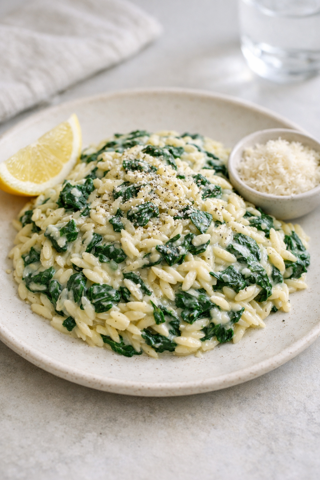 Photorealistic vertical 2:3 plated creamy spinach orzo on a neutral ceramic plate with lemon wedge and Parmesan on the side, minimal props, soft natural window light, clean background, realistic creamy texture, US food photography, no text, no logo, no watermark, 2200px height