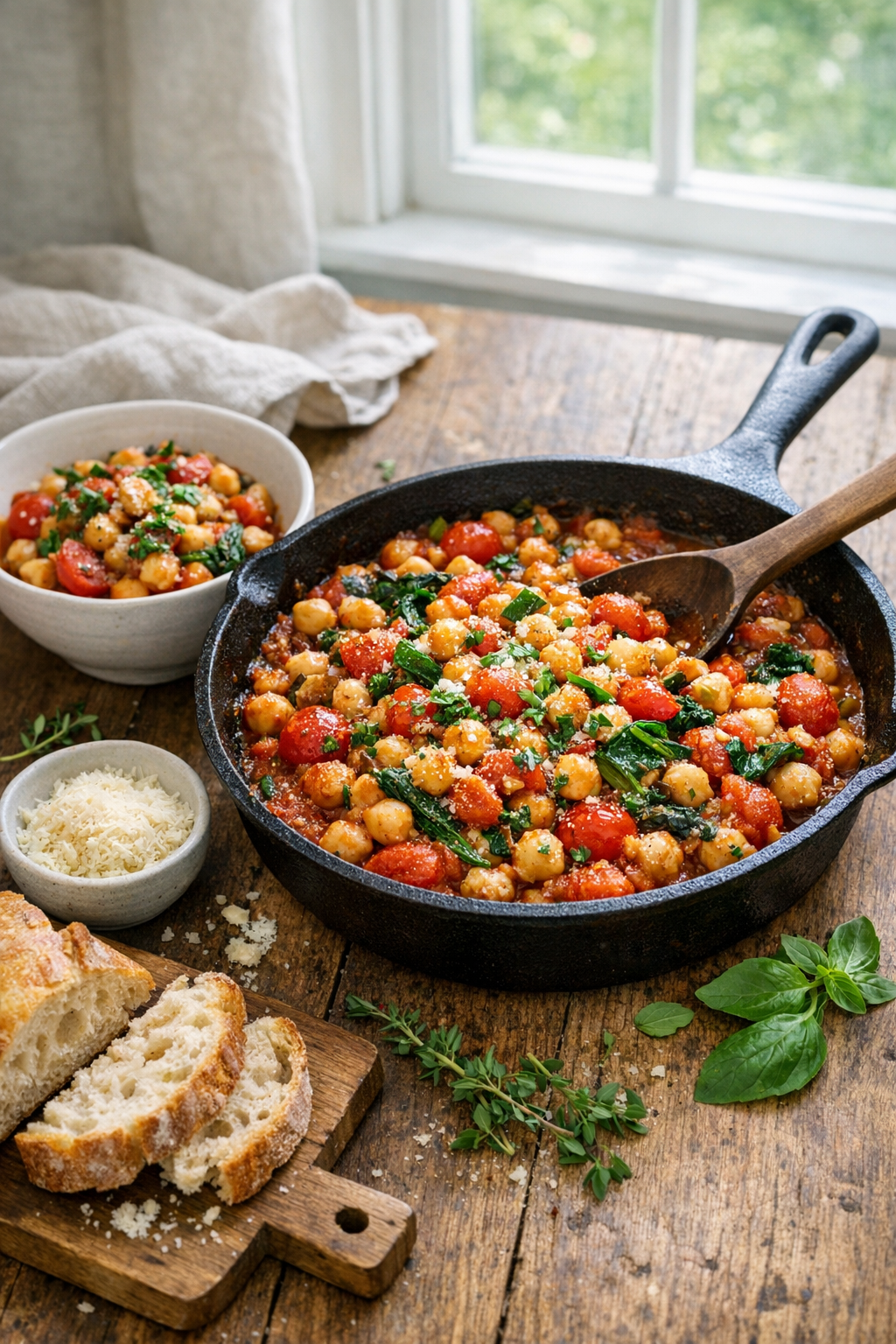 Photorealistic vertical 2:3 image of the chickpea and tomato skillet styled for Pinterest with a serving bowl beside the skillet, crusty bread and small bowl of grated Parmesan nearby, linen napkin and herbs, bright natural window light, clean rustic composition, US food photography, no text, no logo, no watermark, 2200px height