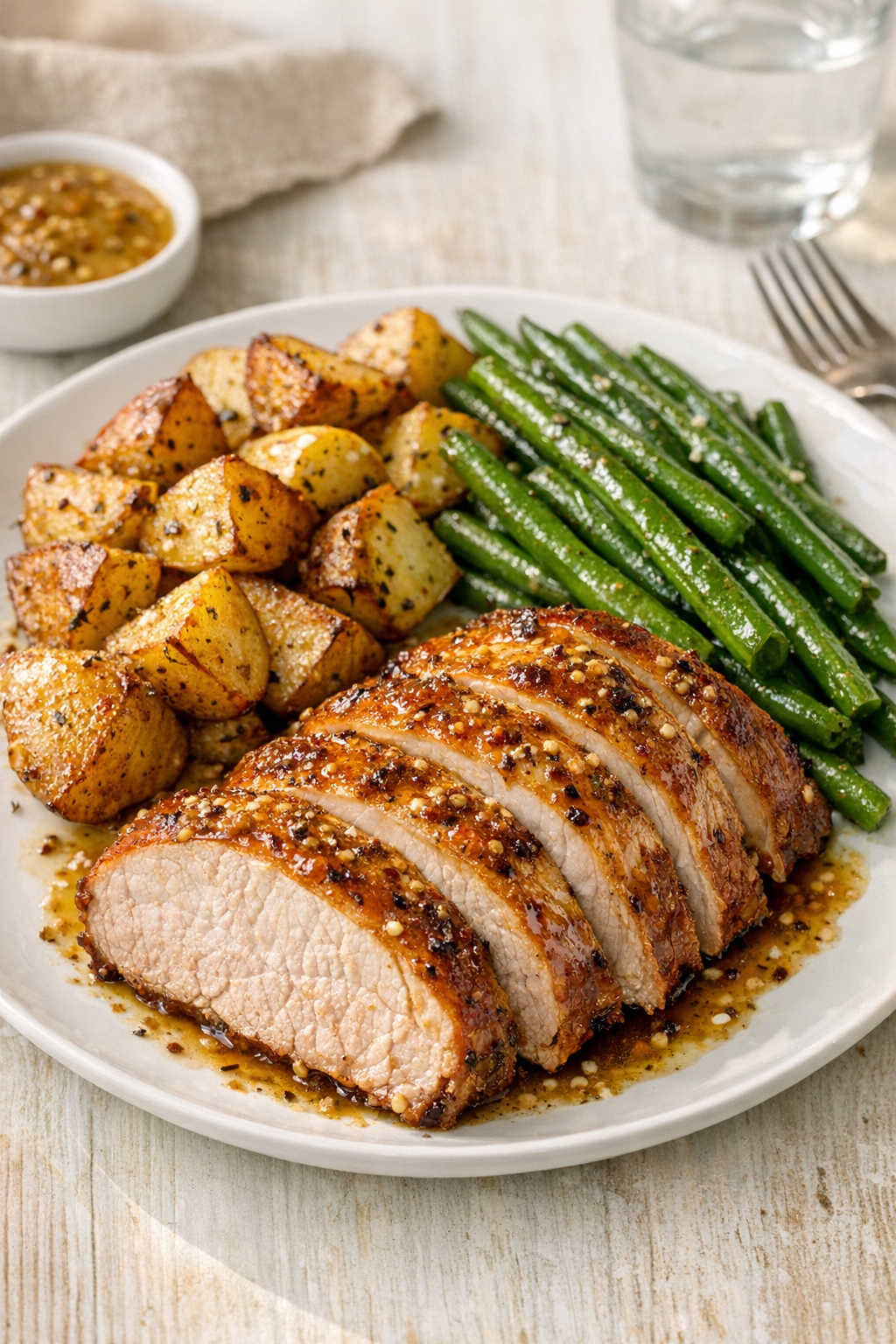Photorealistic vertical 2:3 shot (Pinterest style) of plated honey Dijon baked pork loin with sides (roasted potatoes and green beans) on a light kitchen table, natural window light, warm tones, realistic appetizing US food photography, no text, no logo, no watermark