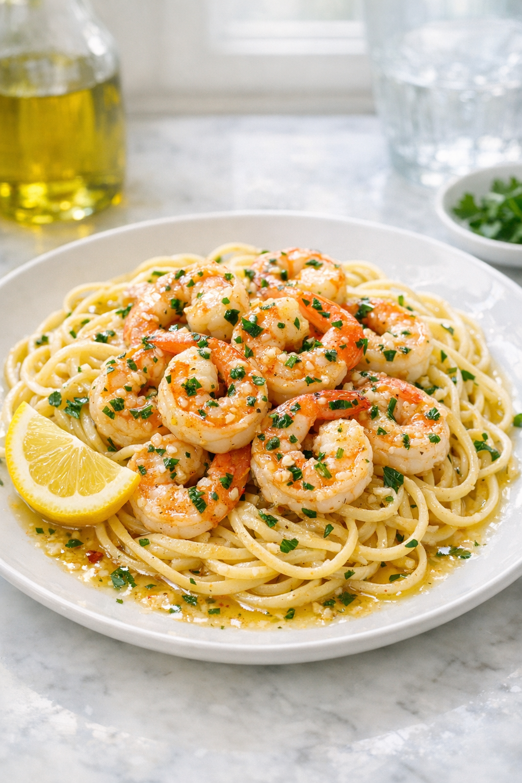 Photorealistic vertical 2:3 plated serving of garlic white wine shrimp over pasta with extra sauce drizzled, parsley garnish and lemon wedge on the side, bright natural window light, clean background, US food photography, no text, no logo, no watermark, 2200px height