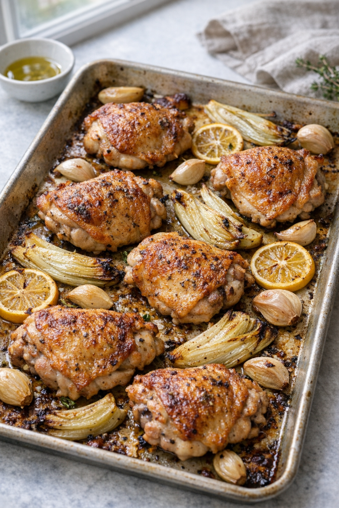 Photorealistic vertical 2:3 shot (2200px height) of a sheet pan dinner with oven-roasted chicken thighs and caramelized fennel, lemon and garlic scattered, bright natural window light, crisp textures, minimal props, US food photography, no text, no logo, no watermark