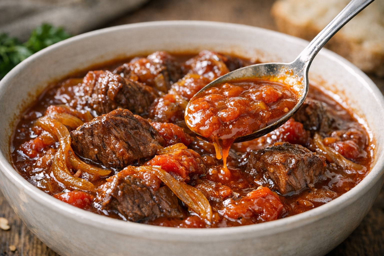 Slow Cooker Beef with Tomato Onion Gravy
