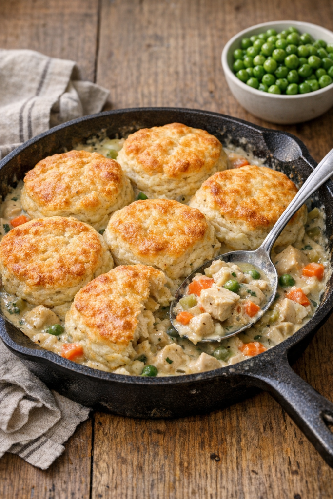 Photorealistic US food photography, natural light, vertical 2:3 composition of chicken and biscuit skillet on a wooden table with serving spoon and small bowl of peas in background, golden biscuits and creamy sauce clearly visible, styled for Pinterest, no text, no logo, no watermark