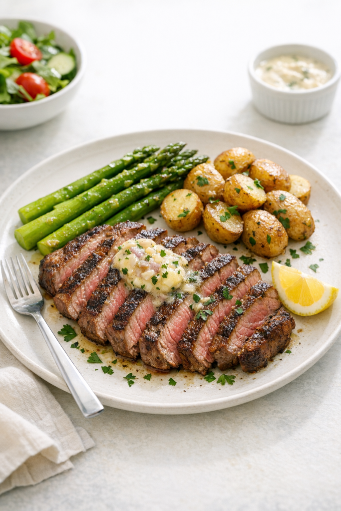 Photorealistic vertical 2:3 plated steak dinner on a light tabletop: sliced pan-seared steak fanned with melting shallot butter, parsley garnish, lemon wedge, and simple sides, bright natural window light, clean composition for Pinterest, US food photography, no text, no logo, no watermark, 2200px height