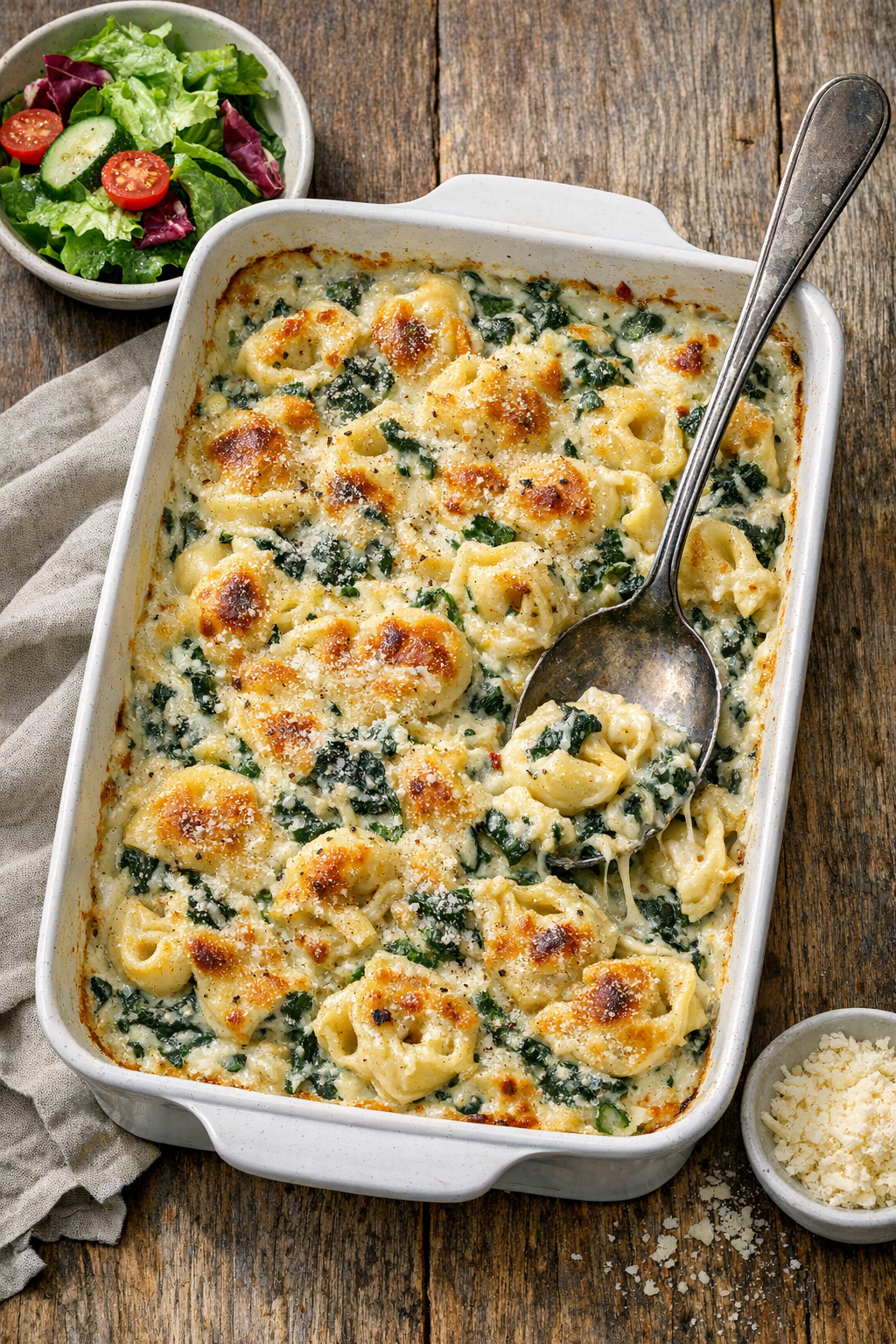Photorealistic vertical 2:3 (2200px height) overhead shot of baked creamy spinach tortellini casserole with a serving spoon and a small side salad partially in frame, bright natural window light, rustic wooden surface, realistic US food photography, no text, no logo, no watermark