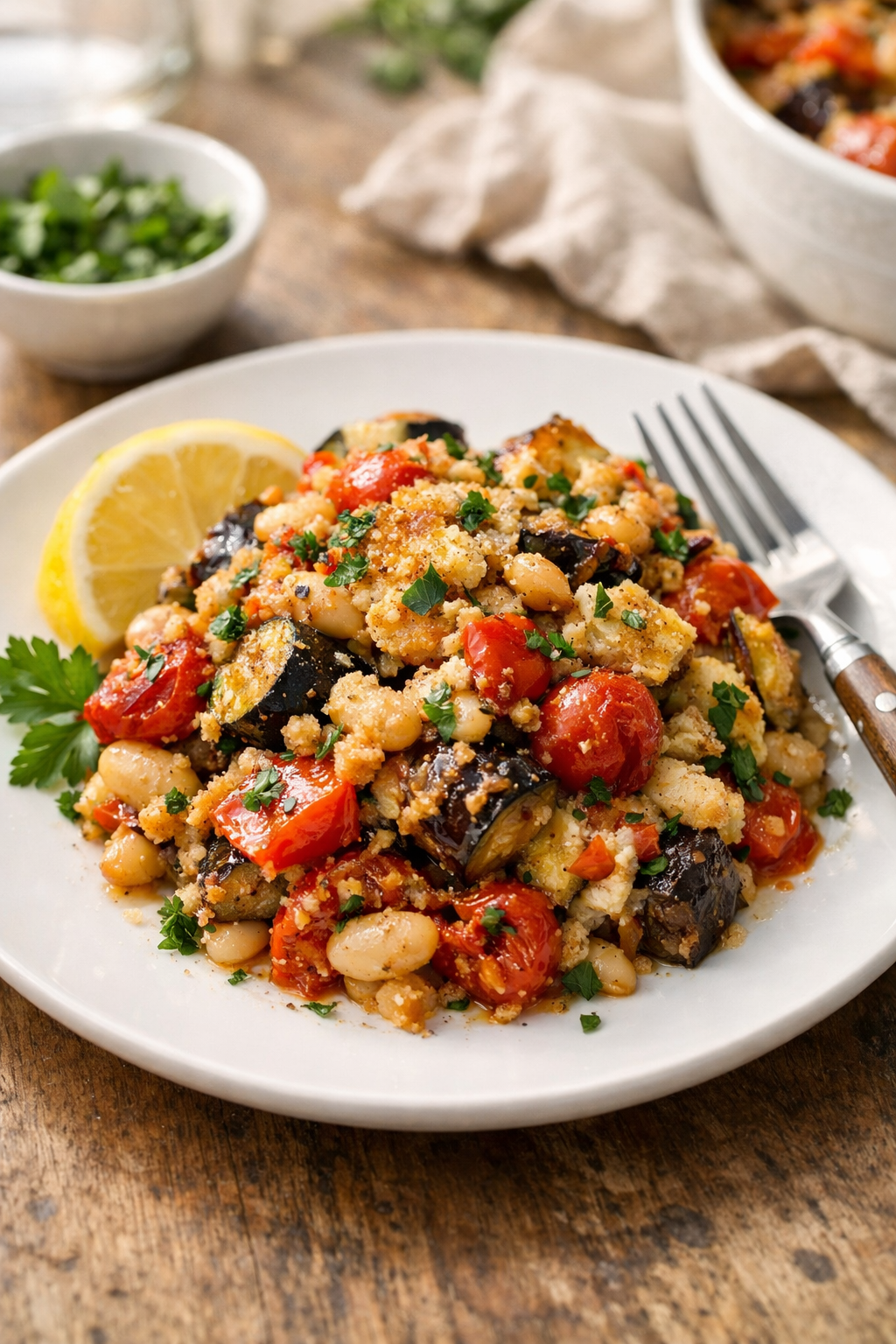 Photorealistic vertical 2:3 image of a plated portion of roasted vegetable and white bean bake on a white plate with parsley and lemon, fork on the side, warm natural window light, US food photography, crisp detail, 2200px height composition, no text, no logo, no watermark