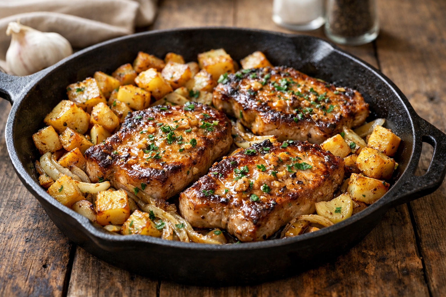 Skillet Pork and Potatoes with Garlic Butter