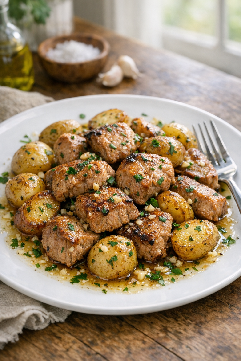 Photorealistic vertical 2:3 plated serving of skillet pork and potatoes on a white plate with garlic butter drizzle and parsley, fork on the side, cozy kitchen background softly blurred, natural window light, US food photography, no text, no logo, no watermark, 2200px height