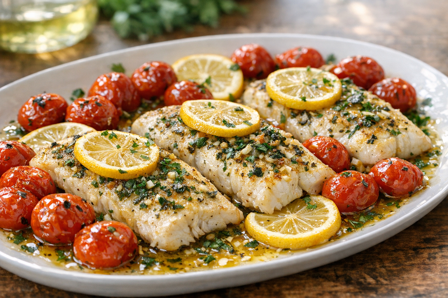 Lemon Herb Baked Pollock with Tomatoes (Easy)