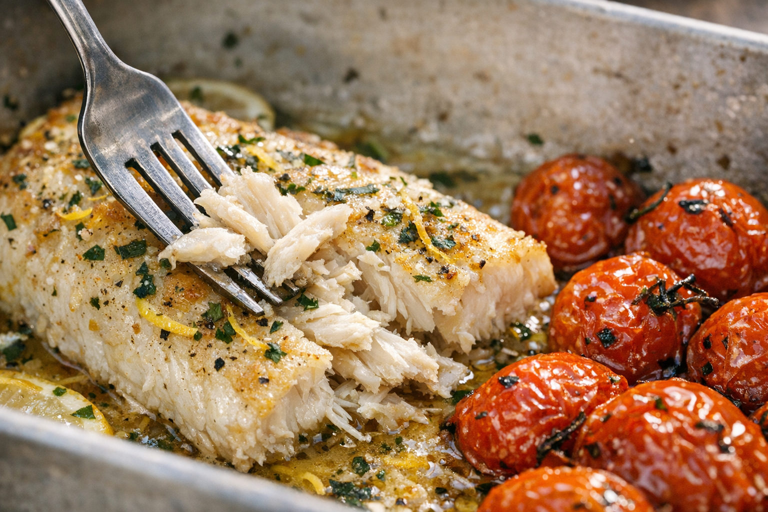 Lemon Herb Baked Pollock with Tomatoes (Easy)