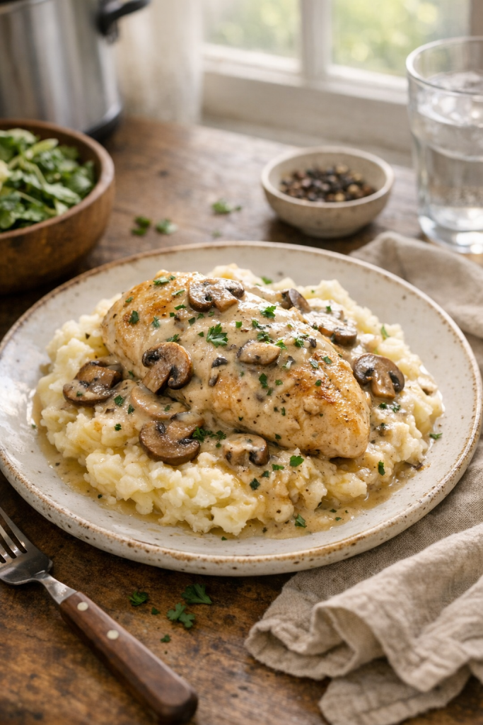 Photorealistic vertical 2:3 image of plated slow cooker chicken with mushroom cream sauce over mashed potatoes, mushrooms and herbs visible, cozy dinner table setting, natural window light, US food photography, realistic and appetizing, 2200px height, no text, no logo, no watermark
