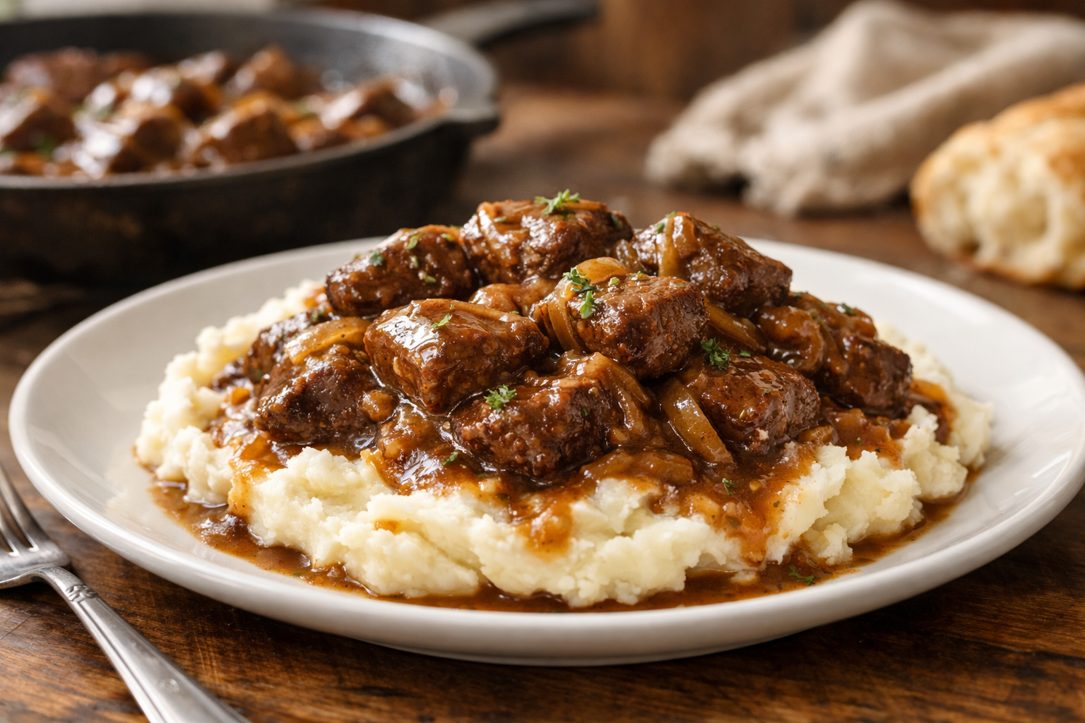 Skillet Beef Tips with Onion Gravy (Easy Dinner)