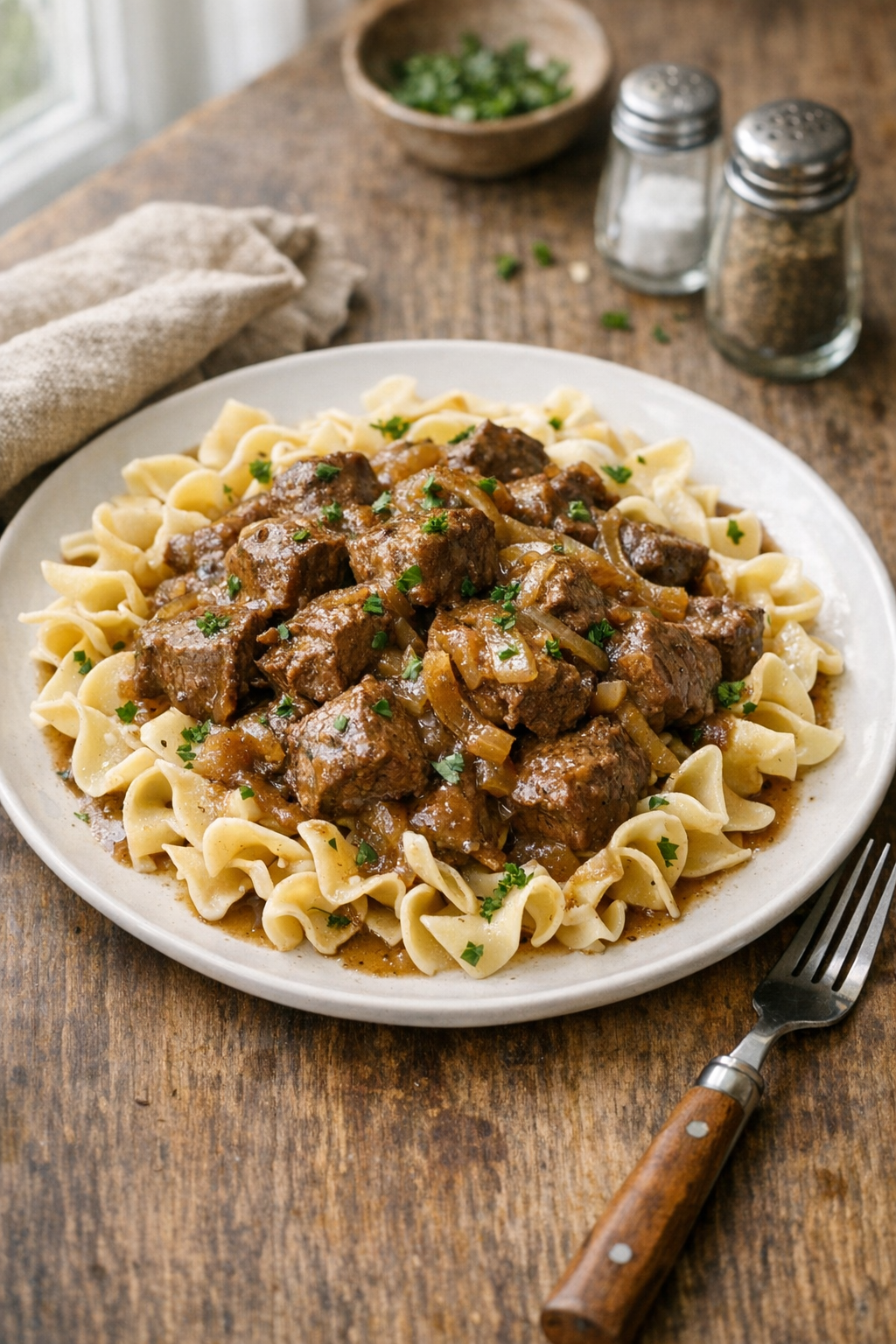 Photorealistic vertical 2:3 image of plated beef tips with onion gravy over egg noodles, sprinkled with chopped parsley, linen napkin and fork beside plate, natural window light, cozy US food photography styling, no text, no logo, no watermark, 2200px height