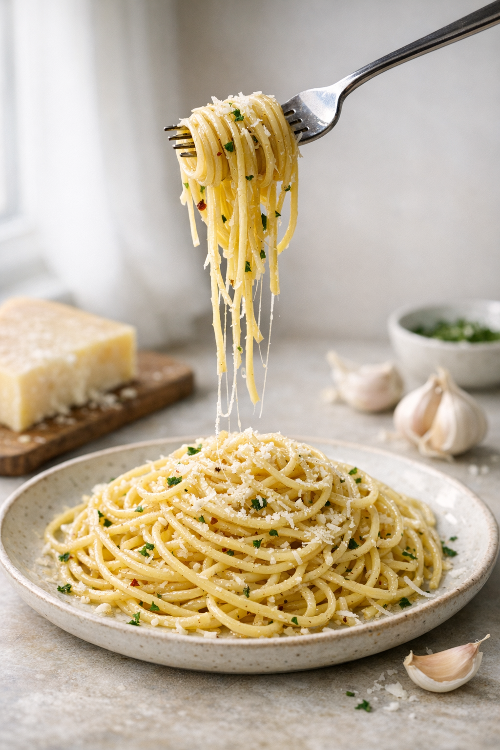 Photorealistic vertical 2:3 image of plated garlic butter spaghetti with Parmesan on a simple ceramic plate, fork twirl lifted above the plate with strands stretching, natural window light, clean background with subtle props (Parmesan wedge, garlic cloves), US food photography, no text, no logo, no watermark, 2200px height