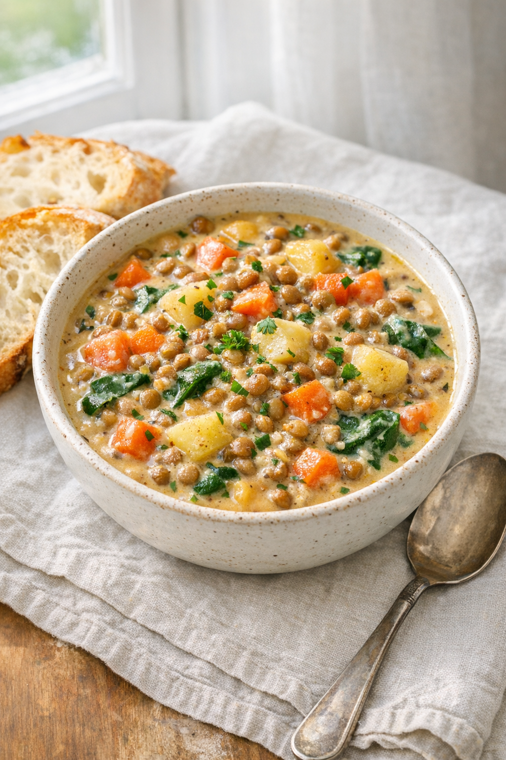 Photorealistic vertical 2:3 image of a styled bowl of creamy lentil and vegetable stew with crusty bread on the side and a spoon, on a light linen napkin, bright natural window light, appetizing creamy texture and colorful vegetables, US food photography, no text, no logo, no watermark