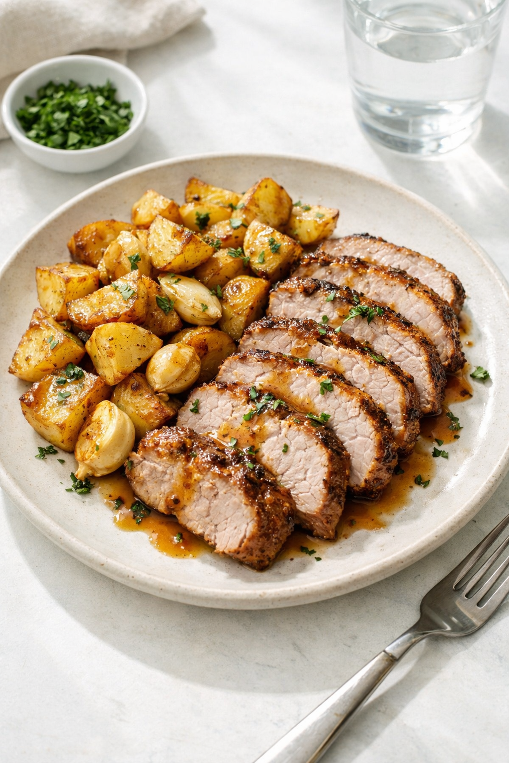 Photorealistic vertical 2:3 US food photography, natural light, plated sliced roasted pork with garlic potatoes on a simple ceramic plate, overhead-leaning angle, bright kitchen background, props minimal, realistic appetizing, no text, no watermark, 2200px height