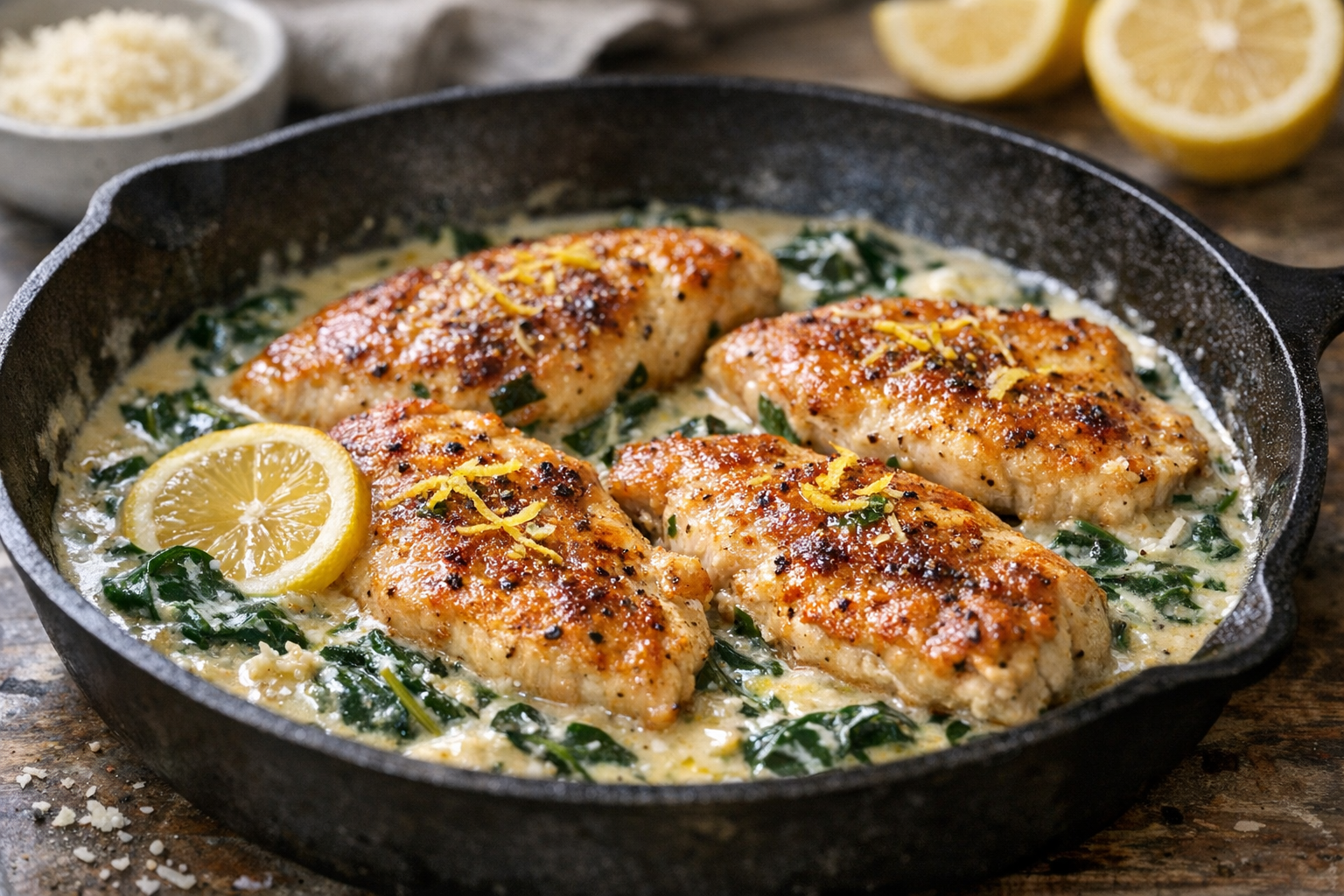 Skillet Chicken with Lemon Cream Spinach