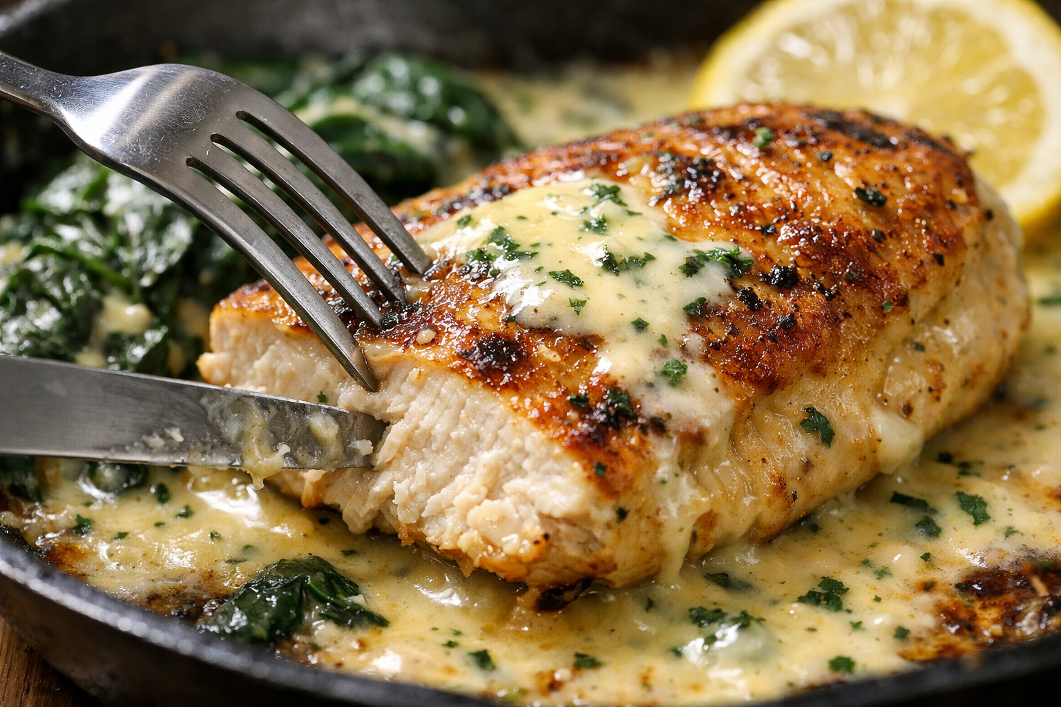 Skillet Chicken with Lemon Cream Spinach